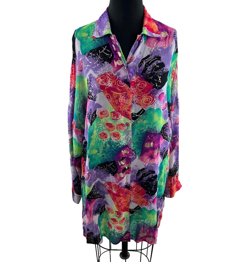 VINTAGE Gottex Button-Down Shirt Top Abstract Print Long Sleeve Size M Medium